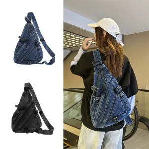 Retro washed denim chest bag for women, casual single shoulder crossbody sling backpack.