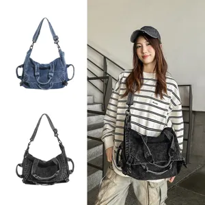 Retro washed denim motorcycle shoulder bag, large capacity casual crossbody handbag for women.