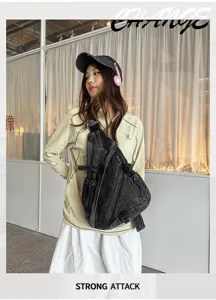 Vintage washed denim chest bag for women, large capacity retro crossbody shoulder bag.