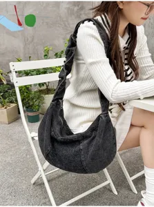 Casual denim shoulder bag for women, large capacity slouchy hobo bag with pleated strap.