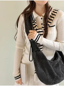 Detail view of casual dark denim hobo shoulder bag, large capacity fashion bag for daily.