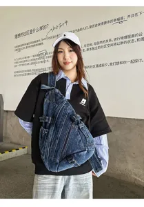 Vintage washed denim chest bag for women, large capacity casual crossbody shoulder bag.