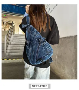 Vintage washed denim sling bag for women, large capacity retro chest bag for daily street style.