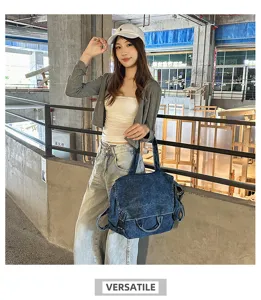 Vintage washed denim shoulder bag for women, large capacity casual crossbody tote bag.