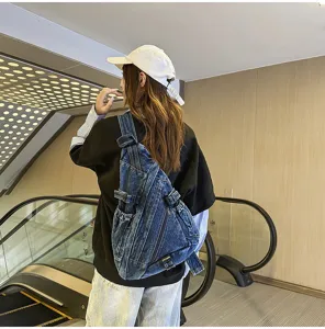 Vintage washed denim chest bag, large capacity crossbody shoulder bag for women daily casual use.