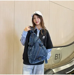 Vintage washed denim sling bag for women, cross-border retro casual chest backpack.