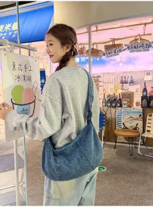 Korean style denim shoulder bag casual large capacity pleated crossbody bag for women daily