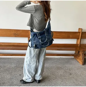 Vintage washed denim messenger bag large capacity casual shoulder bag for daily women
