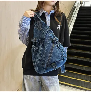 Vintage washed denim chest bag, multi-pocket crossbody sling bag with adjustable strap.