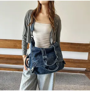 Retro washed denim shoulder bag, large capacity crossbody messenger bag for women autumn.