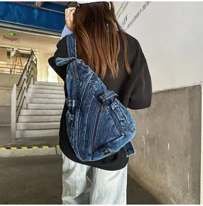 Vintage washed denim crossbody chest bag for women, large capacity multi-pocket shoulder bag