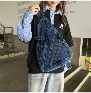 Casual washed denim chest bag detail view, vintage crossbody sling bag for women daily use.