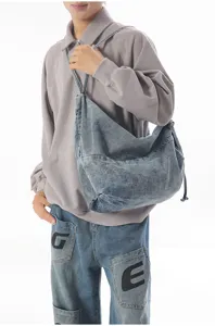 Casual denim shoulder bag for women men vintage slouchy crossbody bag large capacity daily use