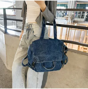 Retro washed denim shoulder bag, large capacity casual messenger bag for women, stylish tote.