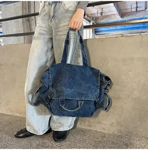 Retro washed denim motorcycle shoulder bag, large capacity casual tote bag for daily women.