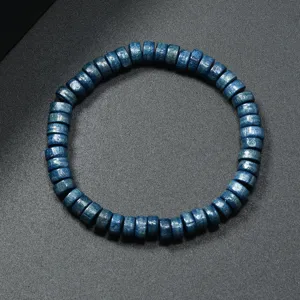 Retro blue wooden bead bracelet, unisex vintage ethnic style disk wood jewelry item