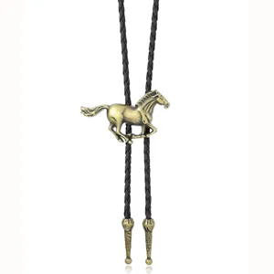 Vintage western cowboy cavallo cravatta bolo corda pelle nera collana pendente gioiello