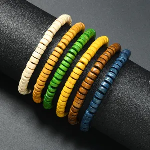 Vintage Ethnic Wooden Bead Bracelet for Men Women Handmade Colorful Wood Bead Stretch Bracelet Boho Jewelry Daily Decoration