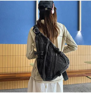 Retro washed denim chest bag, large capacity casual crossbody shoulder bag for women stylish.