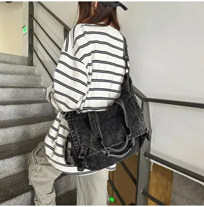 Retro washed denim motorcycle crossbody bag, large capacity shoulder tote bag for women.