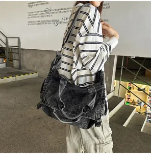 Vintage washed denim messenger bag for women, large capacity shoulder crossbody tote.