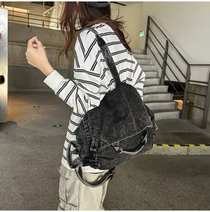 Vintage washed denim shoulder bag for women, large capacity crossbody motorcycle bag casual.