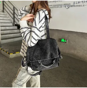 Retro Washed Denim Shoulder Bag Large Capacity Motorcycle Messenger Bag for Women