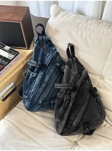 Vintage washed denim chest bag casual multi-pocket shoulder crossbody bag for women