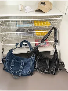 Vintage washed denim shoulder bag large capacity casual crossbody handbag for women autumn winter