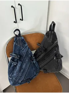 Detailed view of retro washed denim triangle sling bags, casual crossbody bags.