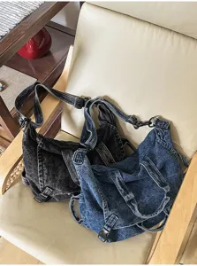 Vintage washed denim crossbody bag for women, large capacity retro motorcycle shoulder handbag.