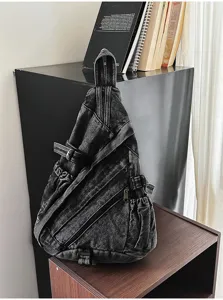 Vintage washed denim chest bag for women, retro triangle crossbody sling shoulder bag.