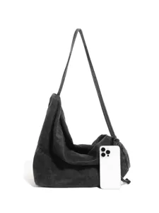 Black washed denim hobo shoulder bag casual slouchy cross body bag for women