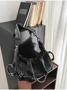 Vintage washed denim shoulder bag for women, large capacity crossbody hobo bag with multi straps.