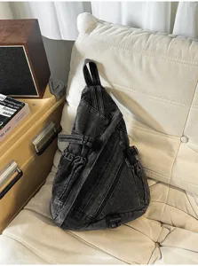 Vintage washed denim sling bag for women, retro chest crossbody bag with large capacity.