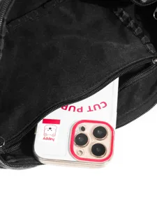 Black denim backpack interior pocket detail, versatile casual student daily school bag style.