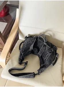 Vintage washed denim motorcycle shoulder bag, large capacity crossbody bag for women.