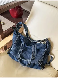 Vintage washed denim shoulder bag large capacity casual crossbody tote bag for women daily use