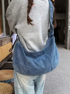 Women Fashion Denim Shoulder Bag Large Capacity Pleated Crossbody Hobo Bag Washed Denim Dumpling Purse For Daily Casual