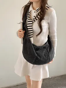 Casual denim shoulder bag for women, large capacity pleated hobo crossbody bag stylish daily use