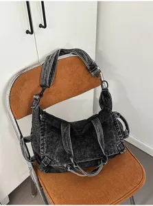 Vintage washed denim shoulder bag large capacity motorcycle crossbody bag for women.
