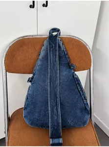 Retro washed denim sling bag for women, casual triangular crossbody chest bag, vintage style.
