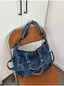 Retro washed denim shoulder bag, large capacity motorcycle style crossbody handbag for women.