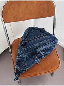 Vintage Washed Denim Triangle Sling Bag Multi-Pocket Crossbody Chest Bag for Women