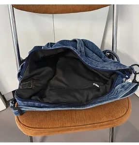 Vintage washed denim shoulder bag, large capacity crossbody motorcycle handbag for women.