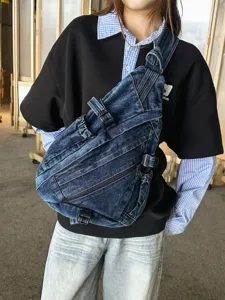 Washed Denim Chest Bag Large Crossbody Shoulder Bag Retro Distressed Denim Tote Bag For Women Men Unisex Streetwear Daily Bag