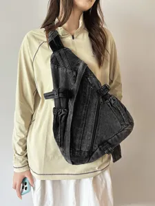 Vintage Washed Denim Crossbody Sling Bag Retro Large Capacity Casual Chest Bag For Women