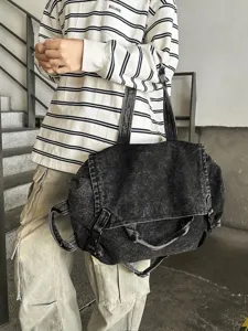 Retro washed denim large capacity shoulder crossbody motorcycle bag for women main view.