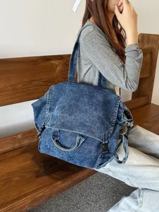 Vintage washed denim shoulder bag for women, large capacity casual crossbody tote bag.