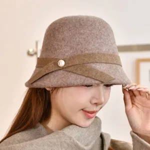 Women wool winter bucket hat vintage elegant warm cloche hat with pearl detail and stylish bow.